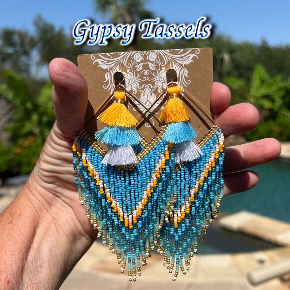 Handmade Beaded Long Tassel Fringe Dangle Drop Bohemian Post Diamond Earrings - Picture 1 of 9